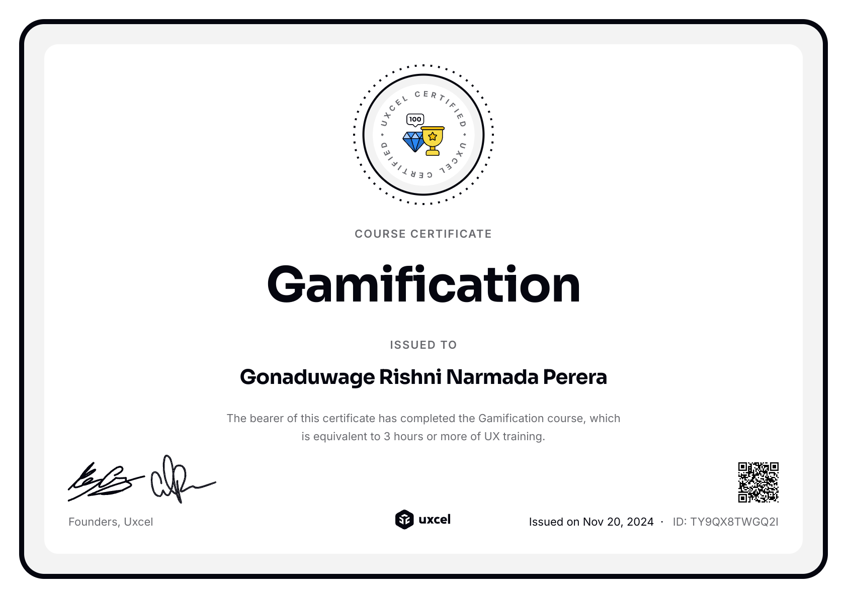 Gonaduwage Rishni Narmada Perera's certificate